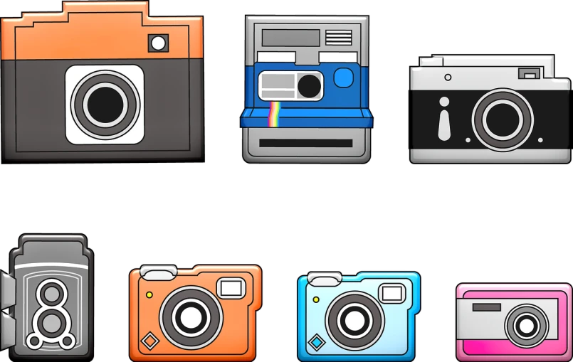 a bunch of different colored cameras on a black background, vector art, by Austin English, instagram, pop art, icon pack, android cameraphone, cute:2, close up high detailed