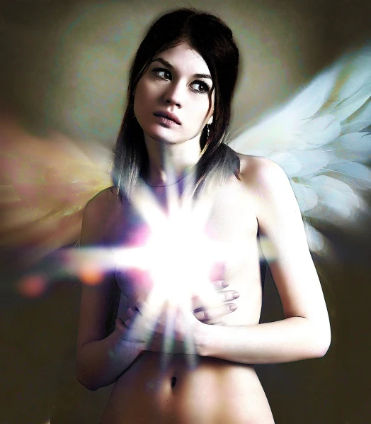 a woman with an angel wings on her chest, by Eugeniusz Zak, flickr, digital art, lightbeams, light - hearted, inanna, [ [ hyperrealistic ] ]