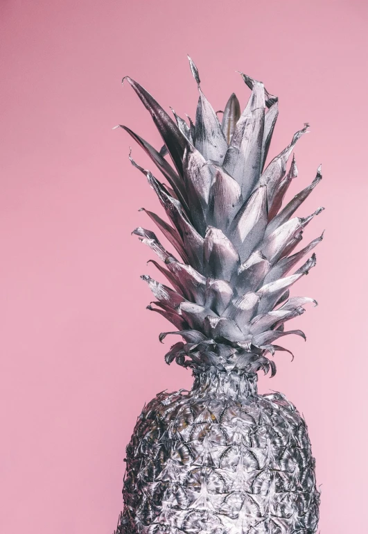 a silver pineapple on a pink background, a surrealist sculpture, inspired by Hedi Xandt, unsplash contest winner, gray mottled skin, flora borsi, fruit celebrity, foil effect