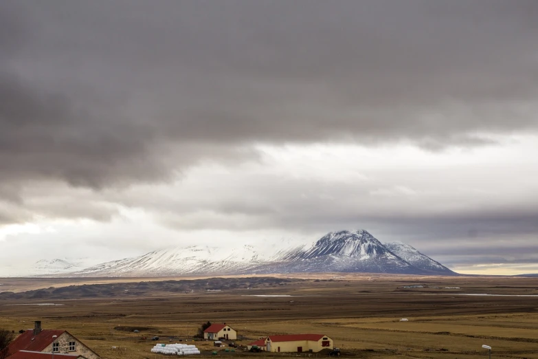 a herd of sheep standing on top of a grass covered field, by Hallsteinn Sigurðsson, dau-al-set, with a snowy mountain and ice, wide view of a farm, big overcast, in chuquicamata