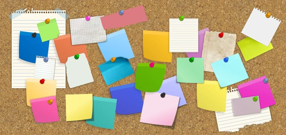 a bunch of sticky notes pinned to a cork board, by Bernard Meninsky, trending on pixabay, conceptual art, computer wallpaper, nitid and detailed background, large patches of plain colours, scrapbook paper collage