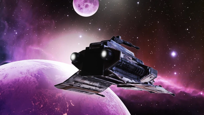 a spaceship flying over a purple planet with a full moon in the background, digital art, space art, battlestar galactica, borne space library artwork, stunning screensaver, pirate ship in space