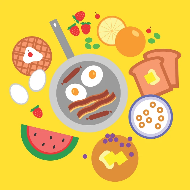 breakfast items arranged in a circle on a yellow background, an illustration of, material is!!! watermelon!!!, pots and pans, full round face!, 🐿🍸🍋