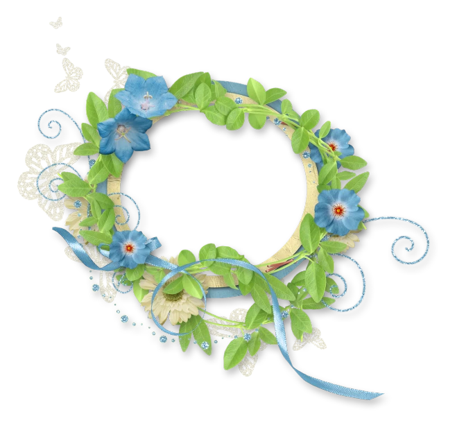 a wreath with blue flowers and green leaves, by Carol Sutton, pixabay, digital art, butterfly jewelry, willowy frame, with a black background, graphic 4 5