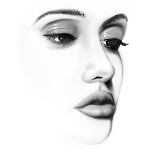 a black and white photo of a woman's face, a digital painting, inspired by Sandra Chevrier, behance, digital art, adele, beautiful brush stroke rendering, high contrast illustration, glossy digital painting