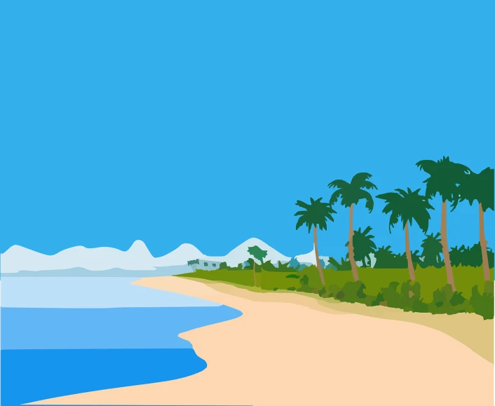 a beach with palm trees and mountains in the background, an illustration of, flat background, a wide full shot, straight camera view, with matsu pine trees