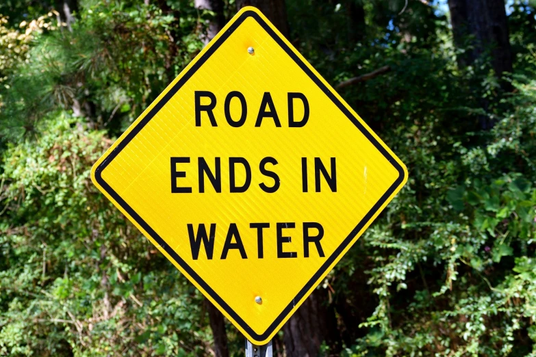 a yellow sign that says road ends in water, by Whitney Sherman, shutterstock, renaissance, blind, hindu, sfw, the end of the word