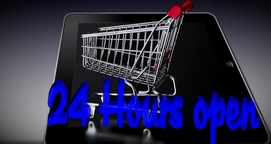 a tablet with the words 24 hours open on it, by Kurt Roesch, pixabay, digital art, shopping cart, full body in shot, trailer, 3 pm