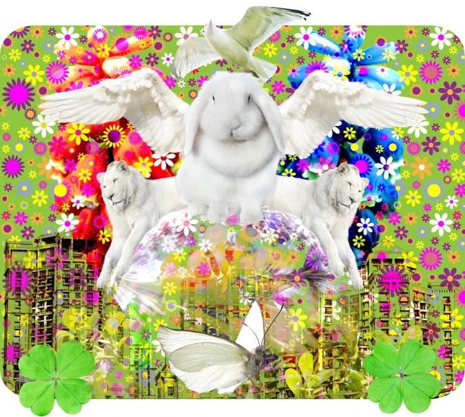 a picture of a bunny surrounded by flowers and butterflies, inspired by Peter Alexander Hay, digital art, 3 spring deities, white!!, clover, llama angel of sunrise