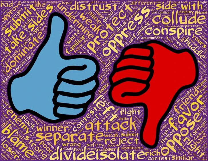 a thumbs up and a thumb up on a purple background, by Tom Phillips, pixabay, neoplasticism, red and blue, political cartoon, dueling, complex composition!!