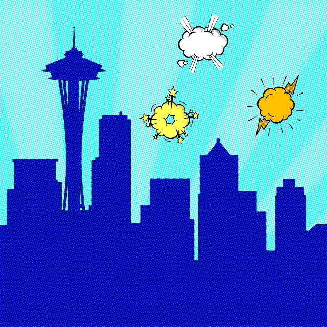 a cartoon picture of a city with a sky background, pop art, seattle, flash explosions, trinity, silly cartoon