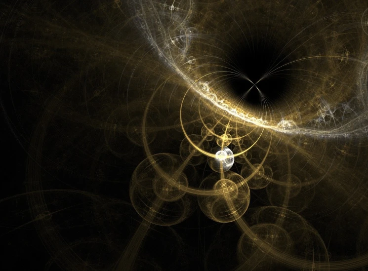 a computer generated image of a light bulb, by Konrad Klapheck, flickr, digital art, gold fractal details, traveling into a blackhole, golden curve composition, orrery