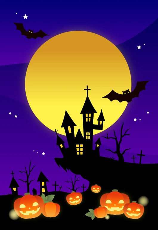 a halloween scene with pumpkins and bats, vector art, shutterstock, digital art, castle in distance, 1128x191 resolution, istock, the moon on the top right