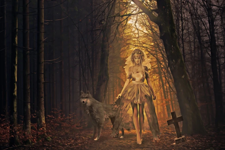 a woman standing next to a wolf in a forest, digital art, inspired by Samuel Hieronymus Grimm, golden goddess, samhain figure, kerli koiv, persephone as goddess of death