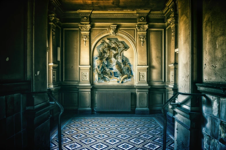 a room with a large painting on the wall, a mosaic, by Raphaël Collin, unsplash contest winner, baroque, carved floor, dramatic entry, baroque vaporwave statue, marble!! (eos 5ds r