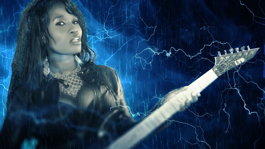a close up of a person holding a guitar, an album cover, trending on pixabay, afrofuturism, splashes of lightning behind her, dramatic white and blue lighting, during a thunderstorm, animation still