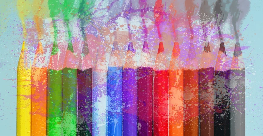 a group of colored pencils sitting next to each other, a pastel, crayon art, ai enhanced digital art, grungy; colorful, untitled mixed media, digital art but photo