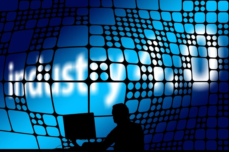 a silhouette of a person sitting in front of a computer, by Kurt Roesch, pixabay, digital art, wrapped blue background, grid and web, destiny, stock photo