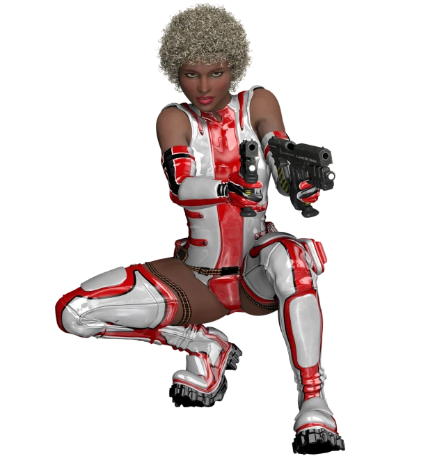 a woman in a red and white suit holding a gun, a 3D render, inspired by Masamune Shirow, afrofuturism, legs and arms, silver space suit, pretty samurai with afro, a sexy blonde warrior