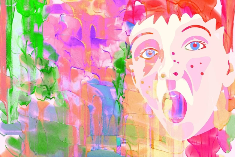 a painting of a woman sticking her tongue out, a pop art painting, neo-fauvism, blurred and dreamy illustration, cartoon digital art, shocked expression, portrait of a patchwork boy
