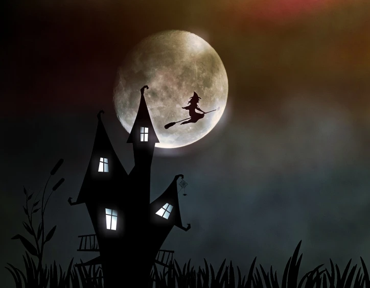 a witch flying in front of a full moon, by Martina Krupičková, pixabay, conceptual art, haunted house themed, sweet home, kara walker, still from a fantasy movie