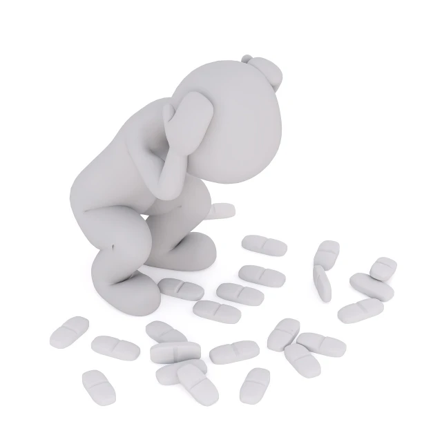 a person sitting on the ground surrounded by pills, a picture, digital art, feeling of despair, 3 d clay figure, white, clipart