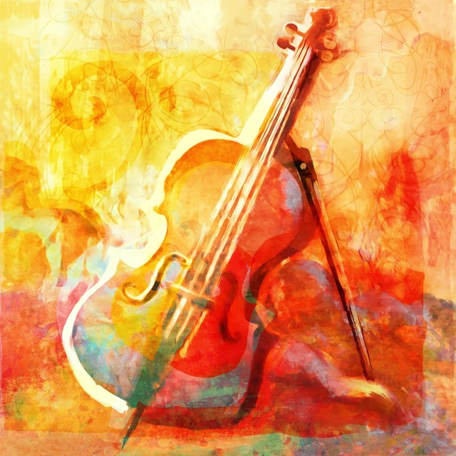 a painting of a violin sitting on top of a table, a digital painting, shutterstock, mixed media style illustration, a beautiful artwork illustration, warm color scheme art rendition, watercolor artwork of exotic