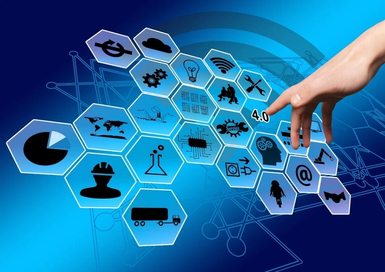 a close up of a person's hand touching a button, a digital rendering, pixabay, digital art, supply chain economics, honeycomb structure, icons, ethernet cable