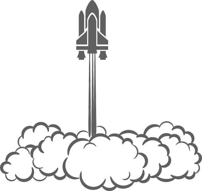 a black and white drawing of a space shuttle, a cartoon, rasquache, high clouds, air brush illustration, launch of a rocket, logo without text