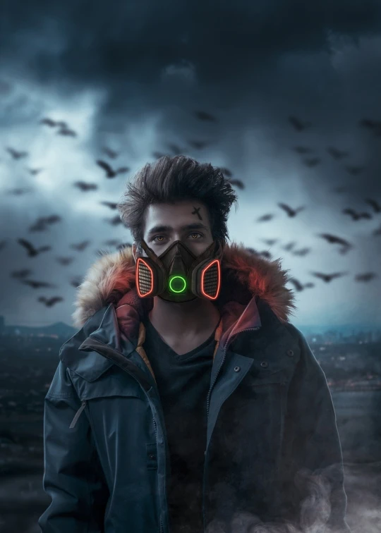 a man wearing a gas mask with bats in the background, cyberpunk art, inspired by Mike Winkelmann, digital art, portrait shot 8 k, solar punk product photo, foggy neon night, full face epic portrait