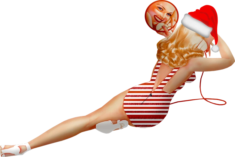 a woman in a red and white striped bathing suit, digital art, inspired by Earle Bergey, puppet on a string, lying dynamic pose, (((((((no glow))))))), graphic detail