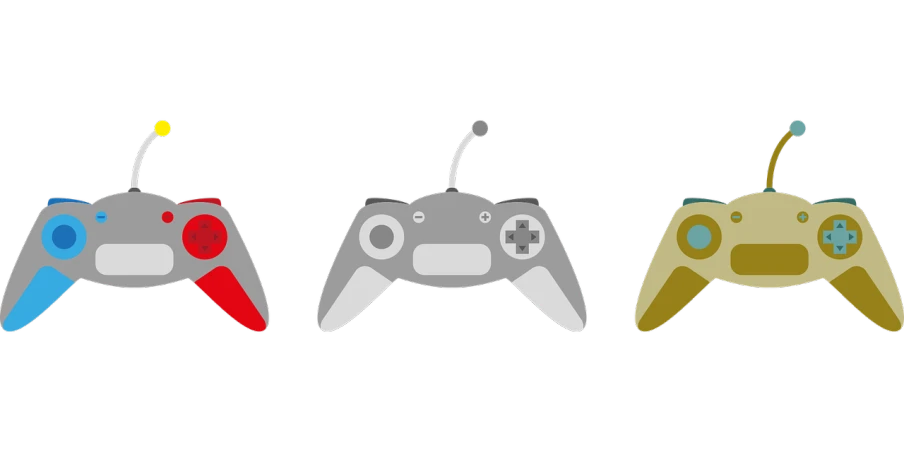 a couple of video game controllers sitting next to each other, inspired by Mario Comensoli, shining gold and black and red, banner, three colors, war of colorss