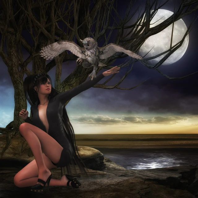 a woman kneeling next to a tree with an owl on her shoulder, a photo, deviantart contest winner, fantasy art, at night with moon light, daz 3 d, high quality fantasy stock photo, witch paying for her sins