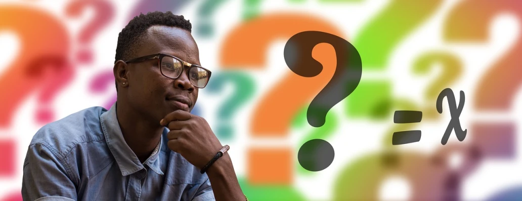 a man with a question mark on his face, by Chinwe Chukwuogo-Roy, shutterstock, figurativism, green and orange theme, wearing medium - sized glasses, unmistakably kenyan, 🔥 😎 🕹️ 👀 :2