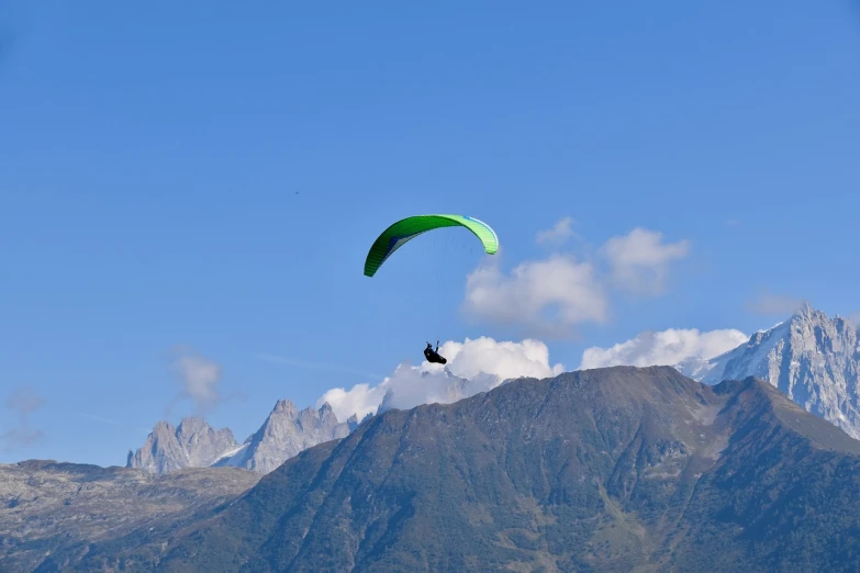 a person that is in the air with a parachute, a picture, by Erwin Bowien, shutterstock, chamonix, a green, seen from a distance, with wings