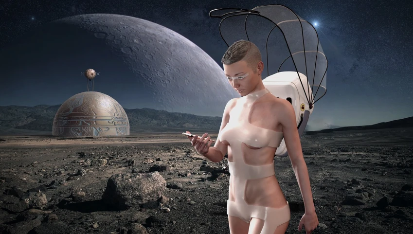 a woman that is standing in the dirt, digital art, inspired by Paul Wunderlich, digital art, with a space suit on, goddess checking her phone, wires cybernetic implants, on a space station