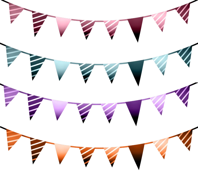 a group of bunting flags against a black background, a digital rendering, sōsaku hanga, thick lines highly detailed, 4 colors, yummy, gloss