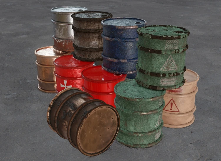 a bunch of barrels sitting next to each other, by senior environment artist, metal rust and plaster materials, low tons colors, cans, different textures and materials