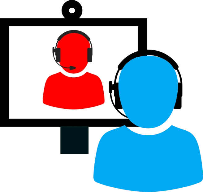a person wearing a headset in front of a screen, by artist, pixabay, blue and red two - tone, in meeting together, black and red only!!!, isolated background