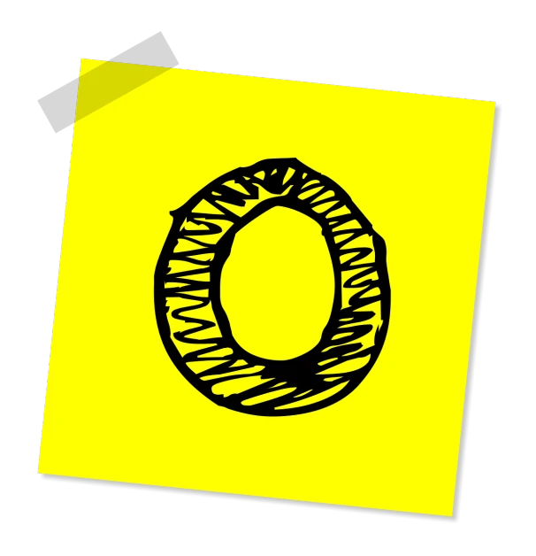 a piece of paper with a drawing of a letter o on it, a digital rendering, flickr, black. yellow, sticker illustration, no blur, donut