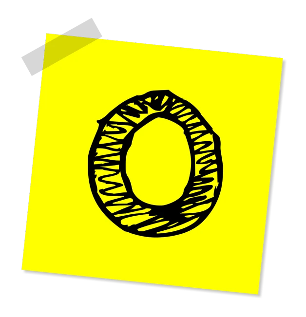 a piece of paper with a drawing of a letter o on it, a digital rendering, flickr, black. yellow, sticker illustration, no blur, donut