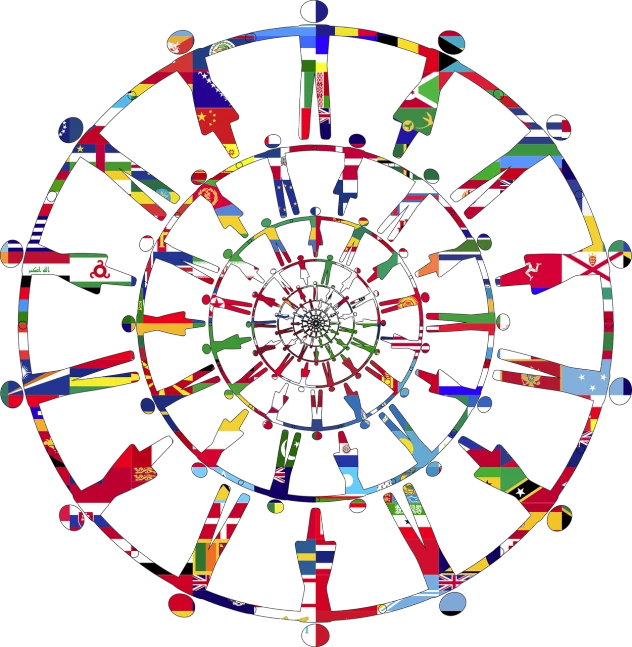 a circle of flags on a black background, a digital rendering, by Susan Heidi, kinetic art, ornate patterned people, compass, 2 0 1 0 photo, vector”