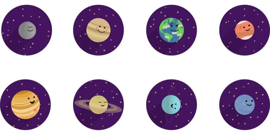 a set of nine cartoon planets with faces, concept art, by Justin Sweet, space art, on a flat color black background, circular windows, star charts, representing the 4 seasons