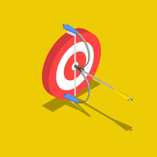 a red and white target with two arrows, vector art, shutterstock contest winner, conceptual art, isometric 8k, on a yellow canva, heroic shooting bow pose, low polygons illustration