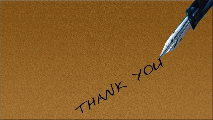 a pen writing thank you on a piece of paper, by Thomas de Keyser, trending on pixabay, graffiti, brown, computer generated, solid background, silver