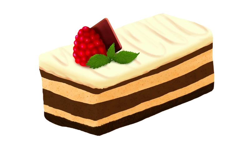 a piece of cake with a raspberry on top, a digital painting, pixiv, rasquache, fuji choco, wikihow illustration, black forest, rectangular