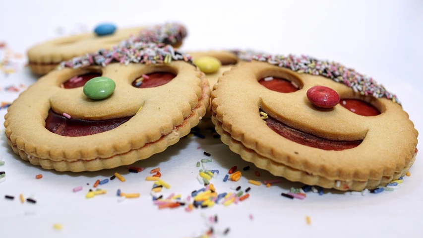 a couple of cookies sitting on top of a table, a picture, right - half a cheerful face, wikimedia commons, sprinkles, commercial product photography