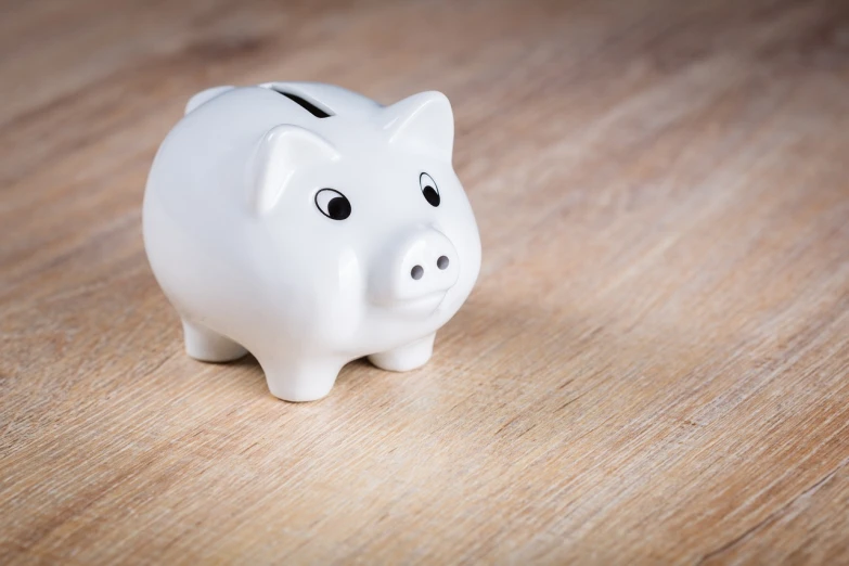 a white piggy bank sitting on top of a wooden table, a stock photo, by Walenty Wańkowicz, shutterstock, super detailed picture, high detail product photo, close up portrait photo