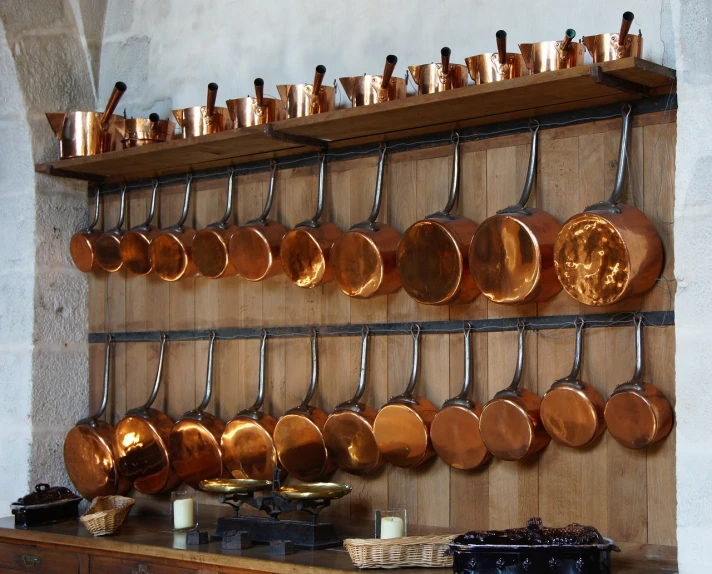 a bunch of copper pots and pans hanging on a wall, renaissance, recipe, martinière, panorama, shelves full