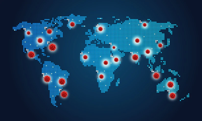 a map of the world with red and blue dots, an illustration of, shutterstock, poster of corona virus, istockphoto, operation, panels